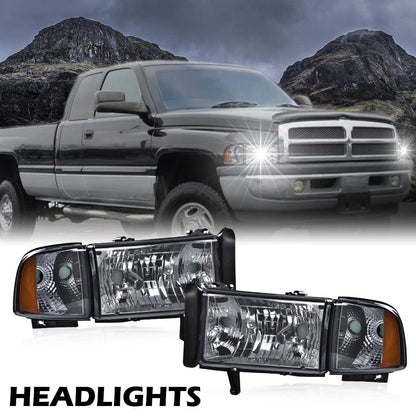 G-PLUS Headlights Lamps Fit 1994-2001 Dodge Ram 1500/1994-2002 Dodge Ram 2500 3500,Not fit Ram Sport,Smoky Lens Chrome Housing Amber Reflector w/o Bulbs Bumper Headlamps,faros delanteros Assembly