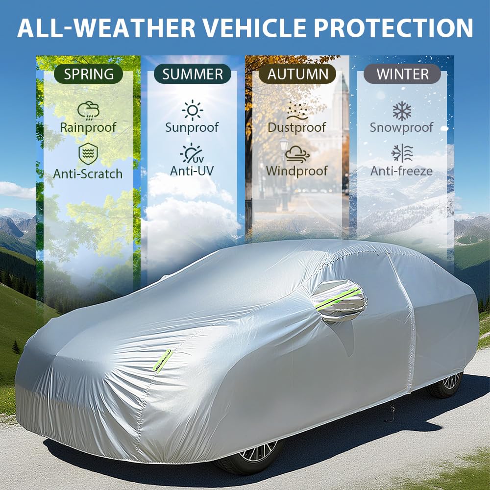 Car Cover Waterproof All Weather For Universal Sedan,Full Exterior Cover with Door Zipper and Cotton Lining,Outdoor Rain Sun Snow UV Protection, Indoor Dust and Scratch Resistant 3L+ (189*71*59 inch)