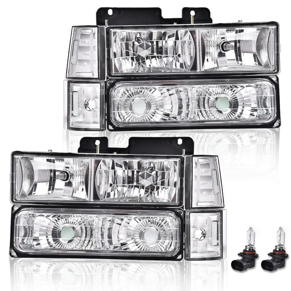 G-PLUS Headlights Assembly, Fit 1994 1995 1996 1997 1998 1999 GMC C1500 K1500 Yukon Bumper Headlamps, Clear Lens Chrome Housing Clear Reflector,faros delanteros