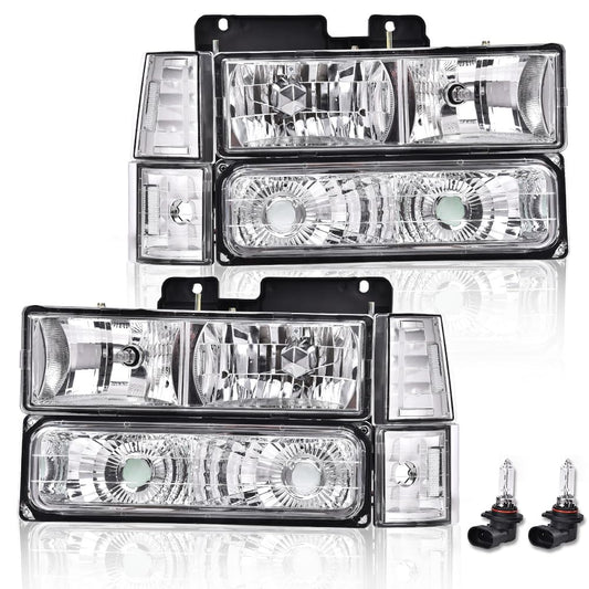 G-PLUS Headlights Assembly w/Bulbs Fit Chevy Suburban C1500 C2500 K1500 K2500 1994-1999, Fit GMC C2500 K2500 1994-2000, Left & Right Headlamps Assembly, Clear Lens Chrome Housing Clear Reflector