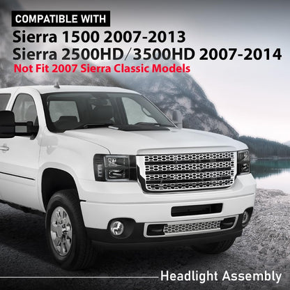 G-PLUS LED DRL Headlights Assembly Compatible with GMC Sierra 1500 2007-2013/Fit GMC Sierra 2500 HD 3500 HD 2007-2014 Headlamps Left & Right Clear Lens Black Housing Clear Reflector,faros delanteros