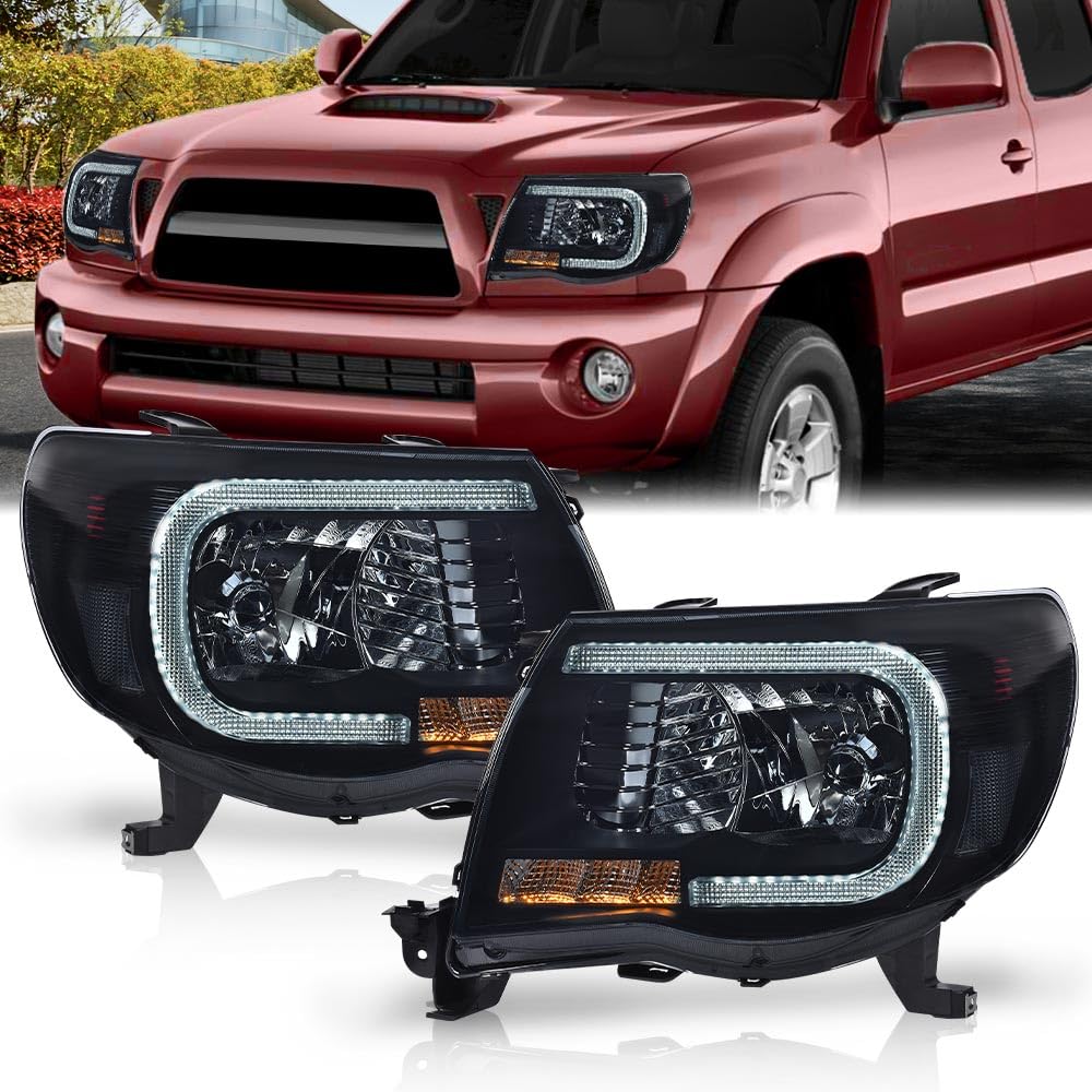 G-PLUS LED DRL Tube Halo Projector Headlights Compatible with Toyota Tacoma 2005 2011,Headlamps w/o Bulbs faros delanteros,Smoke Lens Black Housing Clear Reflector Left Driver & Right Passenger