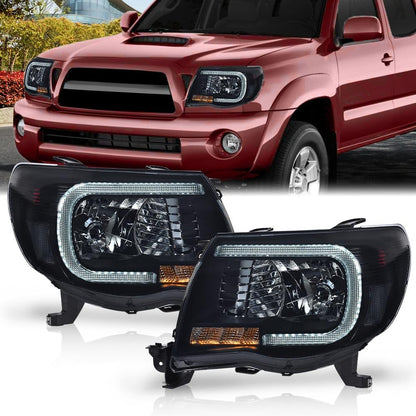 G-PLUS LED DRL Tube Halo Projector Headlights Assembly Front Headlamps Compatible with 2005-2011 Toyota Tacoma w/o Bulbs Left & Right Smoke Lens Black Housing Clear Reflector,faros delanteros