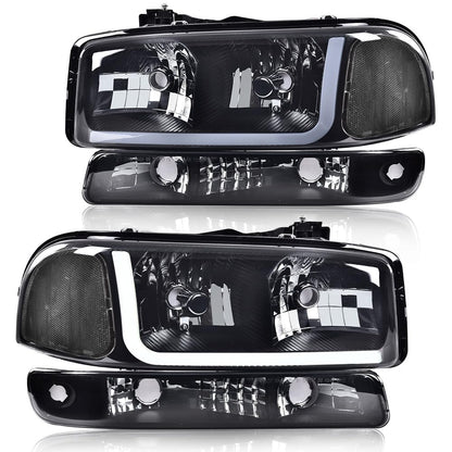 G-PLUS LED DRL Headlights Assembly, Compatible with 1999-2007 GMC Sierra 1500/2001-2007 GMC Sierra 1500 HD Bumper Headlamps, Smoky Lens Black Housing Clear Reflector,faros delanteros
