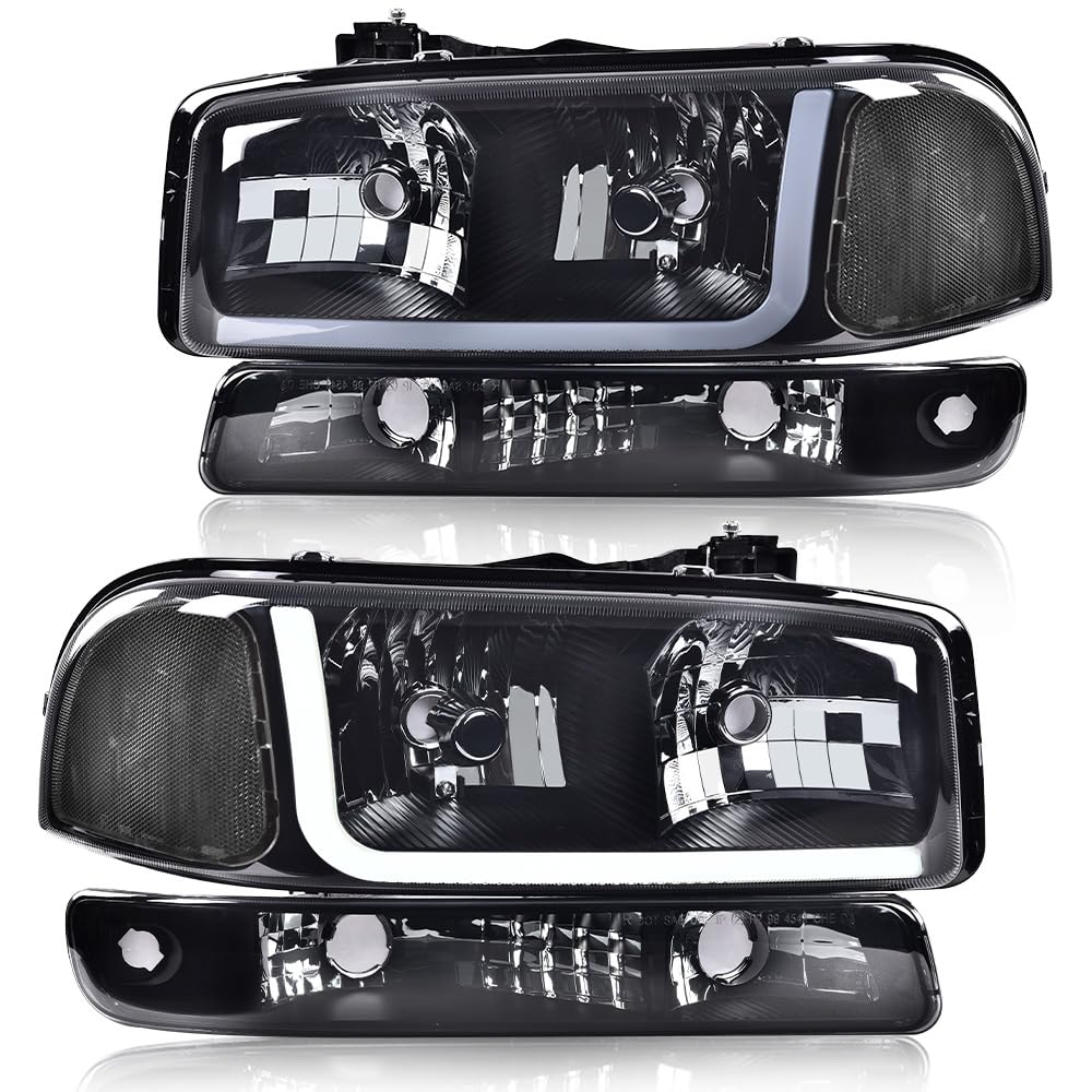 G-PLUS LED Headlights Assembly Compatible with 1999-2007 GMC Sierra 1500HD 2500HD 3500/Fit 1999-2006 GMC Yukon XL 1500 2500,DRL Headlamps Pair Smoky Lens Black Housing Clear Reflector,faros delanteros