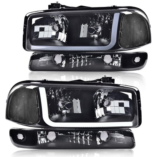 G-PLUS LED Headlights Assembly Compatible with 1999-2007 GMC Sierra 1500HD 2500HD 3500/Fit 1999-2006 GMC Yukon XL 1500 2500,DRL Headlamps Pair Smoky Lens Black Housing Clear Reflector,faros delanteros