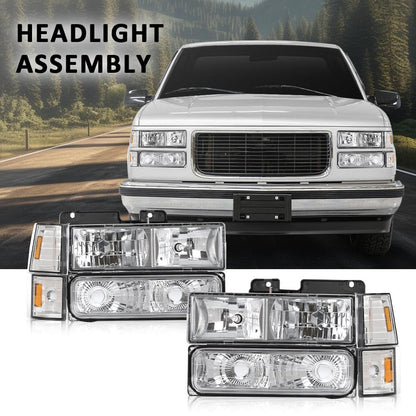 G-PLUS Headlights Combination w/Bulbs Fit GMC C10 1994-1998/Fit GMC Sierra Suburban Yukon 1994-1998 Clear Lens Chrome Housing Amber Reflector Bumper Headlamps,faros delanteros Assembly