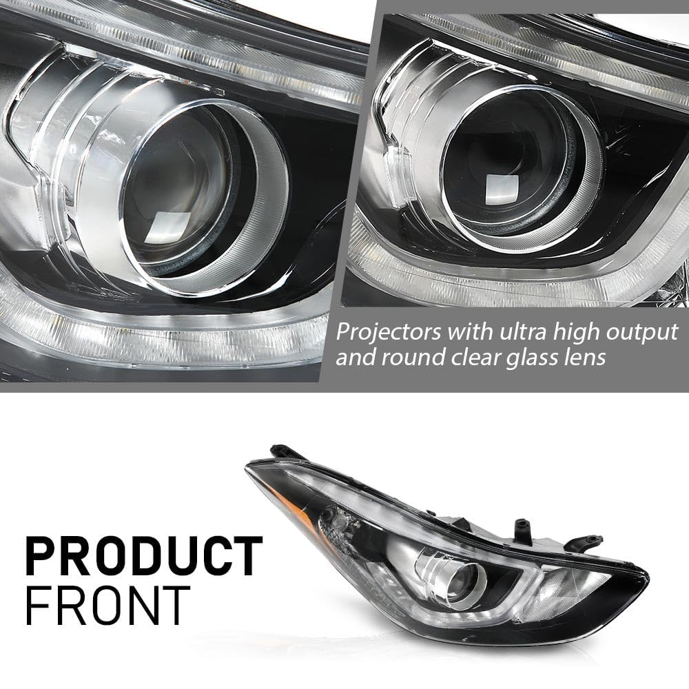 G-PLUS LED Projector DRL Headlights Fit Hyundai Elantra 2014 2015 2016 Left & Right Headlamps Assembly, Clear Lens Black Housing Amber Reflector, faros delanteros