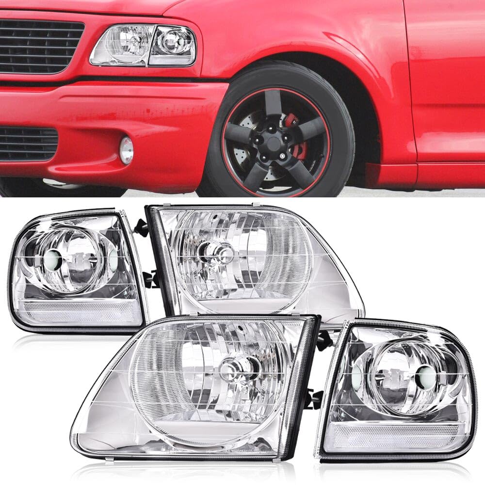 G-PLUS Headlights Fit 1998-2003 Ford F150/Fit 1997-2002 Ford Expedition/Fit Ford Ford F250 Light Duty 97-99 w/Corner Lamps,Headlamps faros delanteros,Clear Lens Chrome Housing Clear Reflector