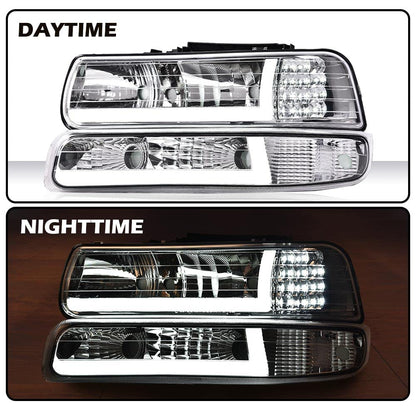 G-PLUS Headlights & Fog Lights Compatible With 1999-2002 Chevy Silverado 1500 2500,Fit 2000-2006 Suburban/Tahoe Headlamps & Fog Lamps LED DRL Black Housing Clear Reflector,faros delanteros