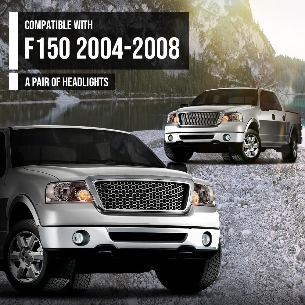 G-PLUS Headlights Assembly, Fit 2004-2008 Ford F150/ 2006-2008 Lincoln Mark Lt(NOT Fit 2004 F150 Heritage/Flareside Beds), Clear Lens Chrome Housing Clear Reflector Bumper Headlamps