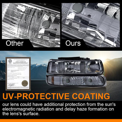 G-PLUS Headlights Assembly,Fit Chevy Silverado 1500 2500 & HD 3500 1999-2002/Fit Chevy Suburban/Tahoe 2000-2006,Corner Bumper Headlamps Smoky Lens Chrome Housing Amber Reflector,faros delanteros