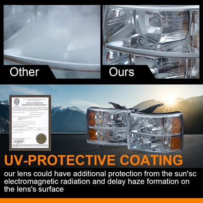 G-PLUS Headlights Assembly Fit Chevy Silverado 1500 2007-2013, Fit Chevy Silverado 2500 3500 & HD 2007-2014, Left & Right Headlamps Smoky Lens Chrome Housing Amber Reflector, faros delanteros