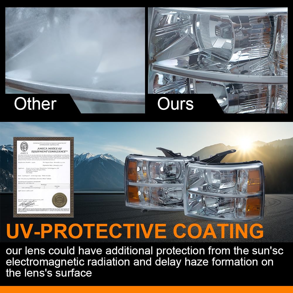 G-PLUS Headlights Fit Chevy Silverado 1500 2007-2013/Fit Chevy Silverado 2500 3500 & HD 2007-2014,NOT Fit 2007 Old Body Classic Headlamps Smoky Lens Chrome Housing Amber Reflector,faros delanteros