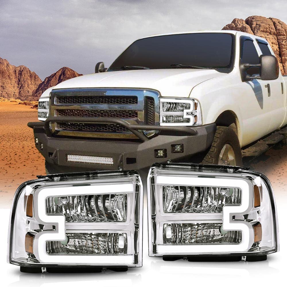 G-PLUS LED Headlights Compatible with Ford F250 F350 F450 F550 Super Duty 2005-2007 DRL BAR Headlamps Clear Lens Chrome Housing Amber Reflector,faros delanteros