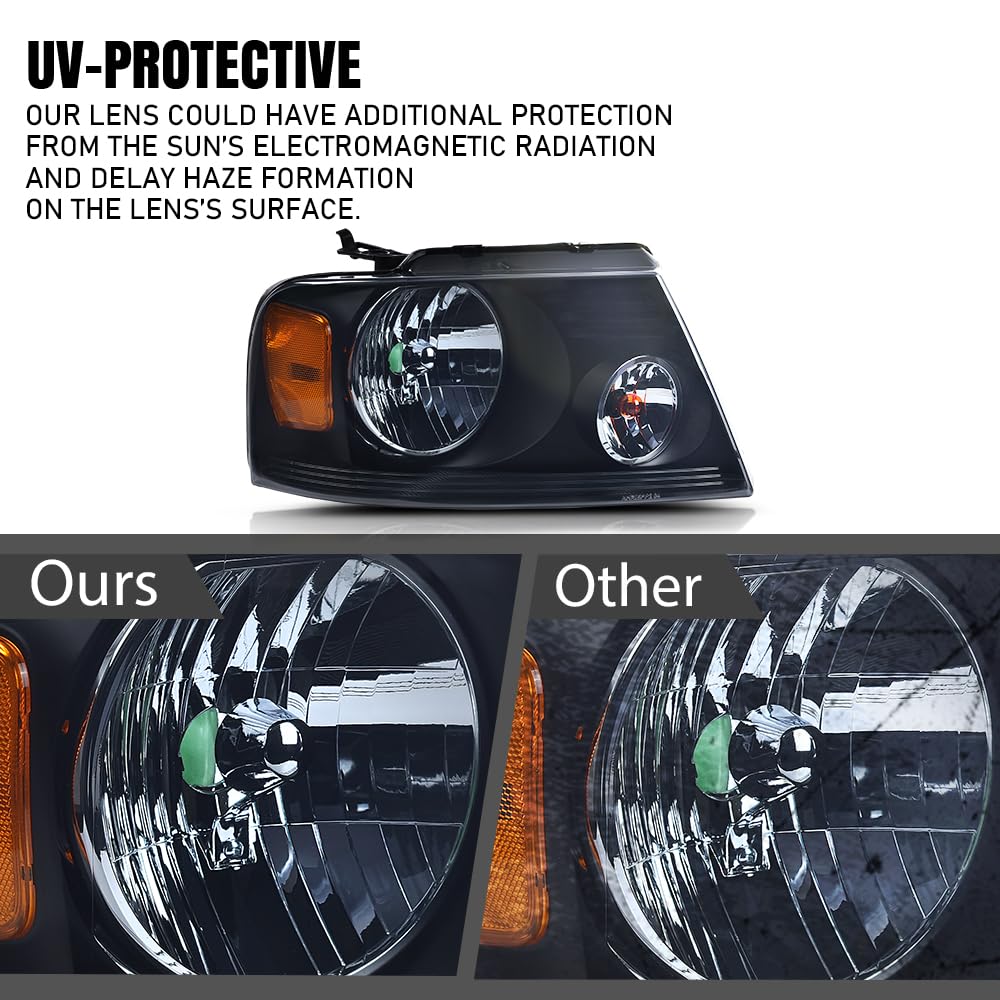 G-PLUS Headlights, Fit 2004-2008 Ford F150/2006-2008 Lincoln Mark Lt(NOT Fit 2004 F150 Heritage/Flareside Beds),Smoky Lens Black Housing Amber Reflector Bumper Headlamps