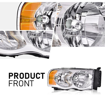 G-PLUS Headlights Assembly Compatible with Dodge Ram 1500 2500 3500 2002 2003 2004 2005 Headlamps Assembly, Clear Lens Chrome Housing Amber Reflector, faros delanteros
