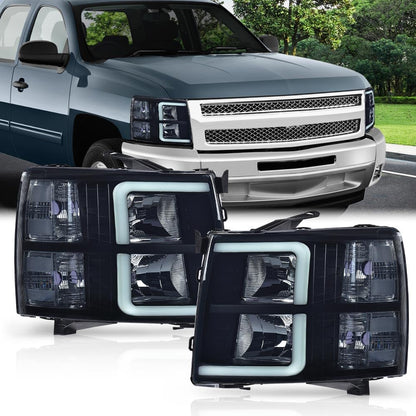 G-PLUS DRL Tube Projector LED Headlights Assembly Fit Chevy Silverado 1500 2007-2013, Fit Chevy Silverado 2500 HD 3500 HD 2007-2014 Headlamps w/o Bulbs Smoky Lens Black Housing Clear Reflector