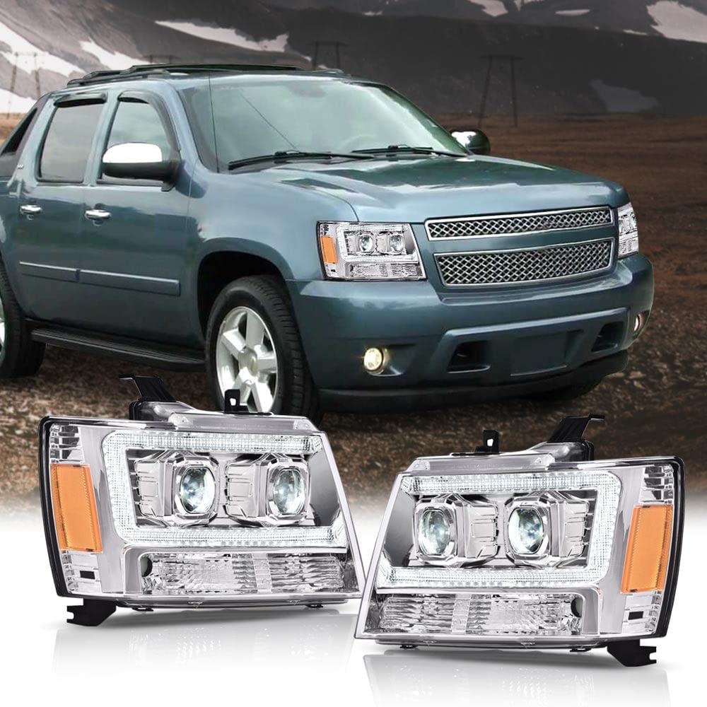 G-PLUS LED Headlights Assembly Fit Chevy Tahoe Avalanche Subarban 1500 2500 2007-2014 DRL Corner Turn Signal Headlamps Set Pair Left & Right Clear Lens Chrome Housing Amber Reflector,faros delanteros