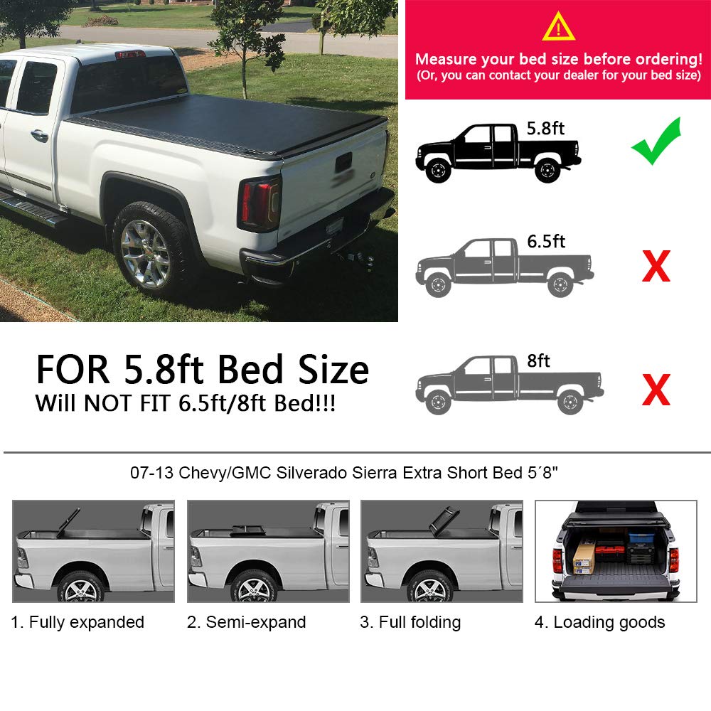 G-PLUS T4 Four-Fold Soft 5.8Ft Truck Tonneau Cover Replacement for 2007-2013 Chevy Silverado/GMC Sierra,Extra Short Bed 5'8" Black