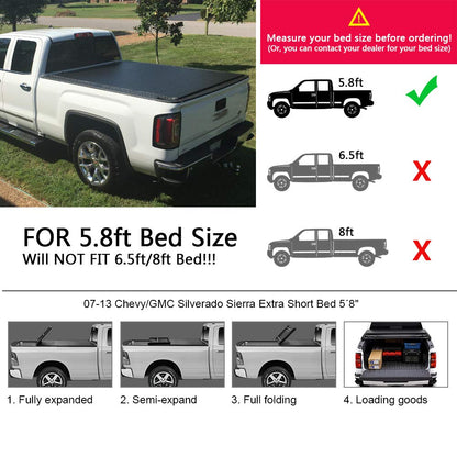 G-PLUS T4 Four-Fold Soft 5.8Ft Truck Tonneau Cover Replacement for 2007-2013 Chevy Silverado/GMC Sierra,Extra Short Bed 5'8" Black