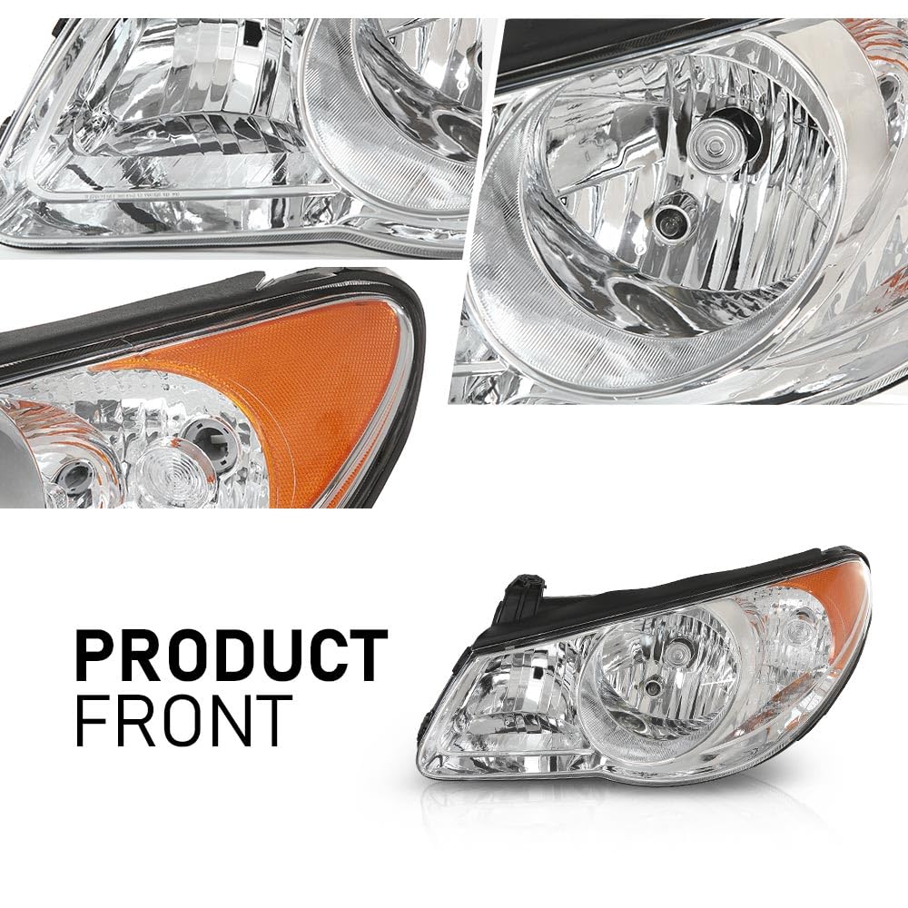 G-PLUS Headlights Assembly w/o Bulb Compatible with Elantra 2007-2010 Left Side Headlamp, Clear Lens Chrome Housing Amber Reflector, HY2502138, HY2503138, 921012H050, faros delanteros