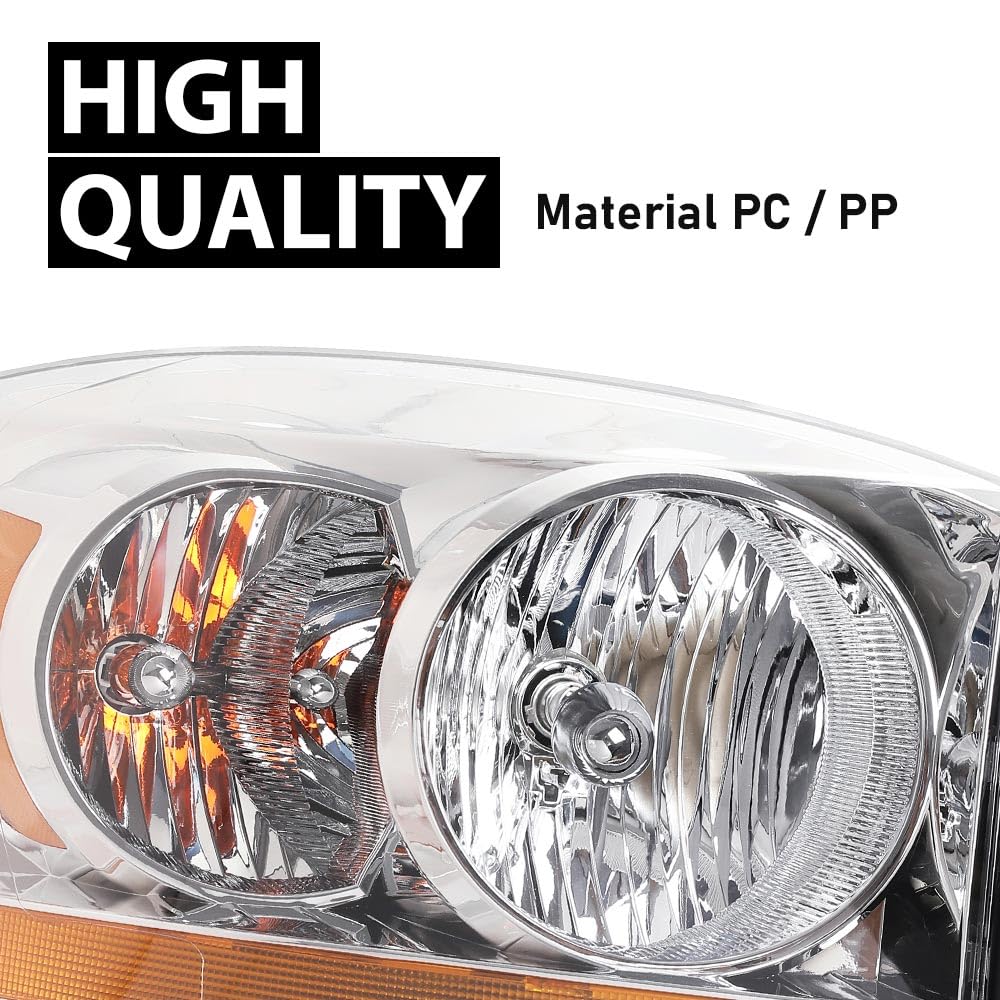 G-PLUS Headlights Assembly w/Bulbs Light Bar Right Passenger Side Compatible with Dodge Ram 1500 2006-2008/Fit Dodge Ram 2500 3500 2006-2009 Clear Lens Chrome Housing Amber Reflector 55077794AB