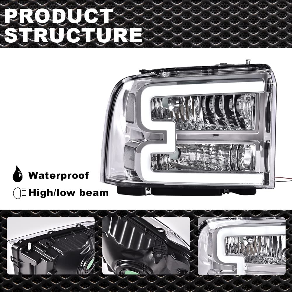 G-PLUS LED DRL Headlights, Compatible with Ford F250 F350 F450 F550 Super Duty 2005 2006 2007 Bumper Headlamps, Clear Lens Chrome Housing Clear Reflector,faros delanteros