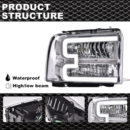 G-PLUS LED DRL Headlights, Compatible with Ford F250 F350 F450 F550 Super Duty 2005 2006 2007 Bumper Headlamps, Clear Lens Chrome Housing Clear Reflector,faros delanteros