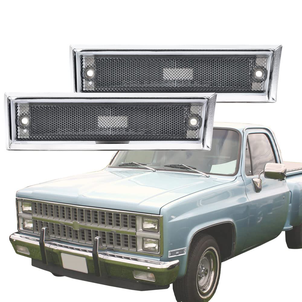 G-PLUS Front Side Marker Lights Assembly Compatible With 1981-1991 Chevy Blazer/GMC Jimmy C/K R Pickup,915557,915558,GM2550115,GM2551107 Side Chrome Bezel Marker Lamps Pair (Smoky Lens)