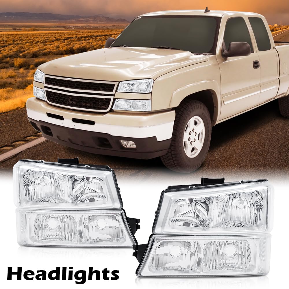 G-PLUS Headlights Compatible with Chevy Silverado/Avalanche 1500 2500 2003 2004 2005 2006 Bumper Headlamps, Clear Lens Chrome Housing Clear Reflector,faros delanteros