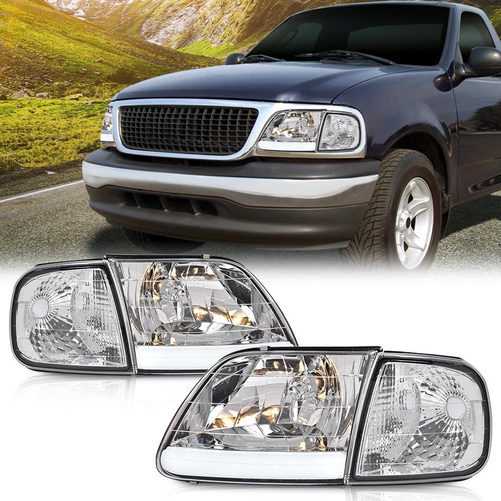 G-PLUS LED DRL Headlights & Corner Parking Lights Compatible with Ford Expedition 1997-2002/Fit Ford F150 1998-2003 Bumper Headlamps Left & Right Clear Lens Chrome Housing Clear Reflector