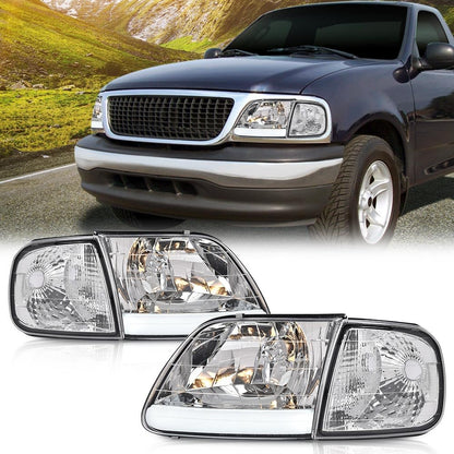 G-PLUS LED DRL Headlights & Corner Parking Lights Compatible with Ford Expedition 1997-2002, Fit Ford F150 1998-2003 Bumper Left & Right Headlamps Clear Lens Chrome Housing Clear Reflector
