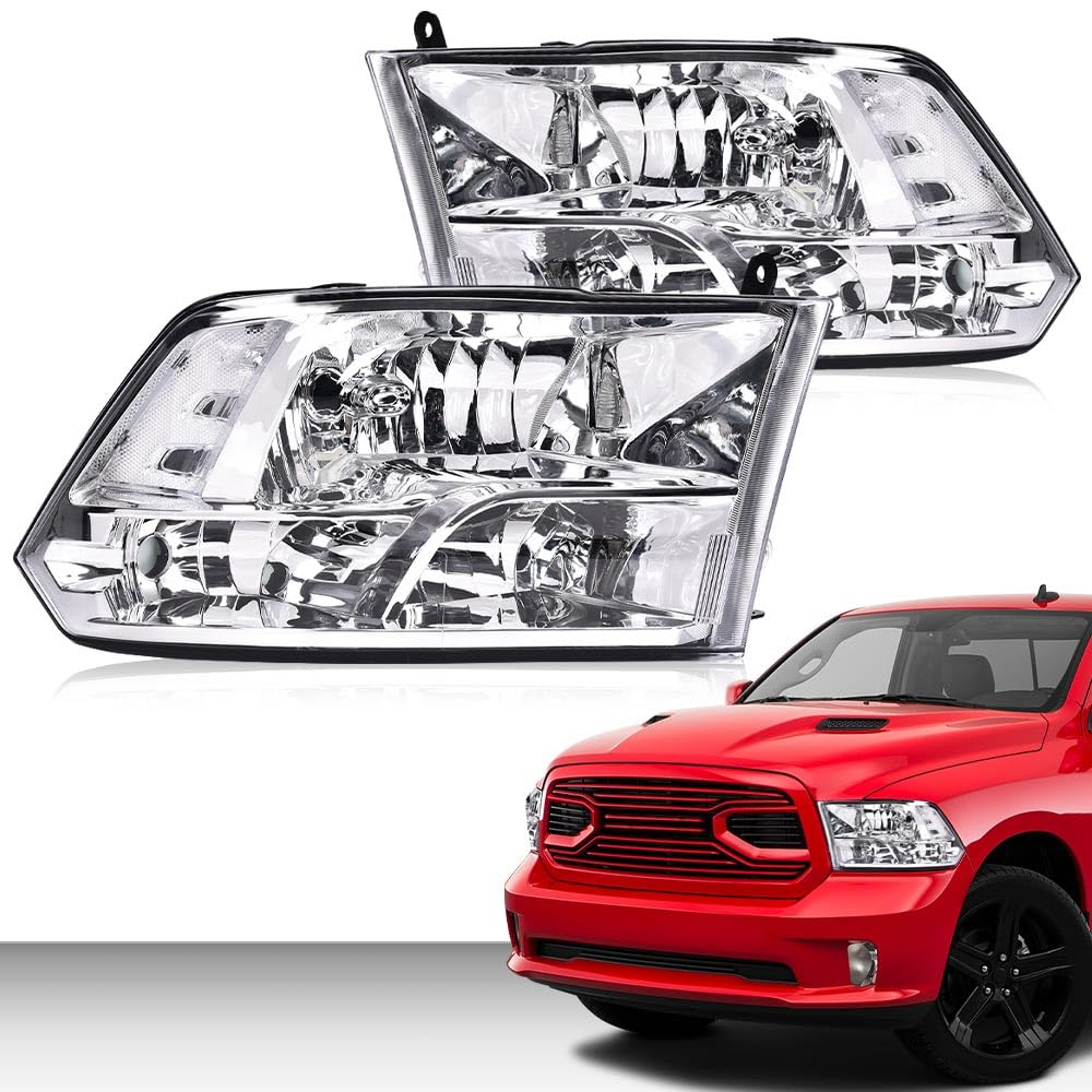 G-PLUS Headlights Assembly Compatible with Dodge Ram 1500 2500 3500 2009-2012 (New Body), Only Fit Factory Quad, Clear Lens Chrome Housing Clear Reflector, faros delanteros