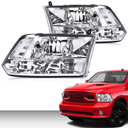 G-PLUS Headlights Assembly Compatible with Dodge Ram 1500 2500 3500 2009-2012 (New Body), Only Fit Factory Quad, Clear Lens Chrome Housing Clear Reflector, faros delanteros