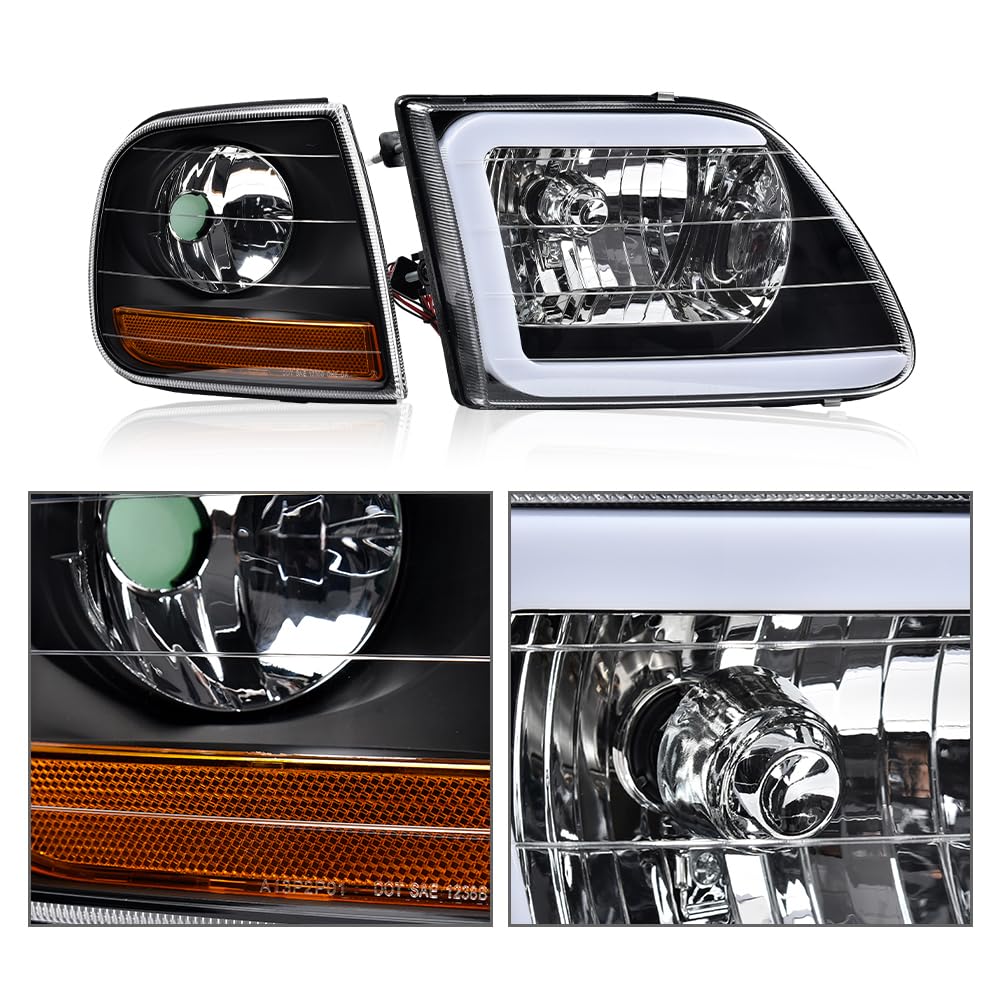 G-PLUS LED Headlights Fit Ford F150 1998-2003,Fit Ford Expedition 1997-2002 DRL Bumper Headlamps w/Corner Parking Lights Strip,Clear Lens Black Housing Amber Reflector Left & Right,faros delanteros