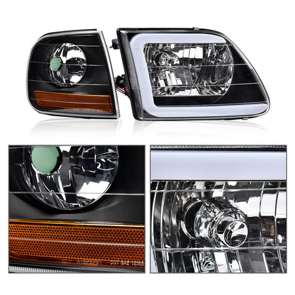G-PLUS LED Headlights Fit Ford F150 1998-2003,Fit Ford Expedition 1997-2002 DRL Bumper Headlamps w/Corner Parking Lights Strip,Clear Lens Black Housing Amber Reflector Left & Right,faros delanteros