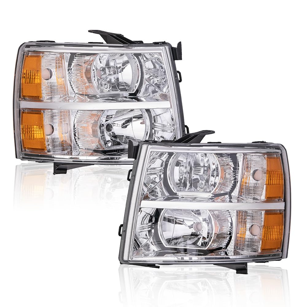 G-PLUS Headlights Assembly, Compatible with Chevy Silverado 2007-2013 1500/Fit Chevy Silverado 2500 HD 3500HD 2007-2014 Bumper Headlamp, Clear lens Chrome Housing Amber Reflector