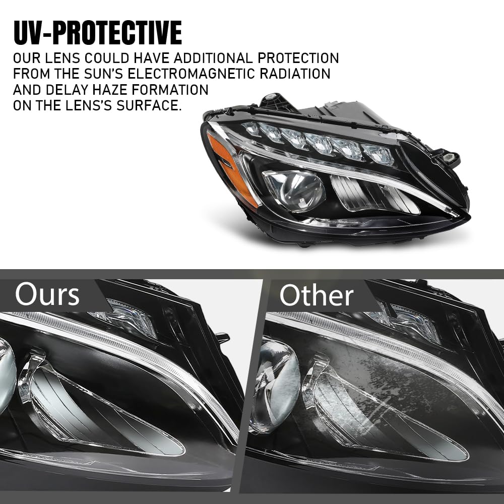 G-PLUS LED Headlight Right Side Compatible with Benz C-Class C300 W205 2015 2016 2017 2018 205906780364, MB2503227 Black