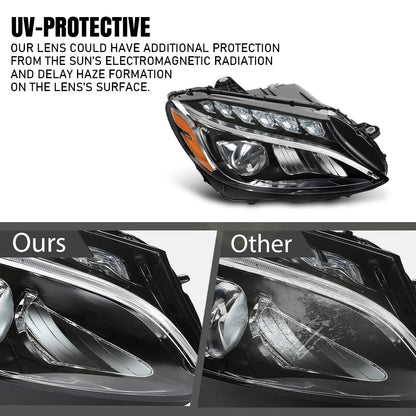 G-PLUS LED Headlight Right Side Compatible with Benz C-Class C300 W205 2015 2016 2017 2018 205906780364, MB2503227 Black