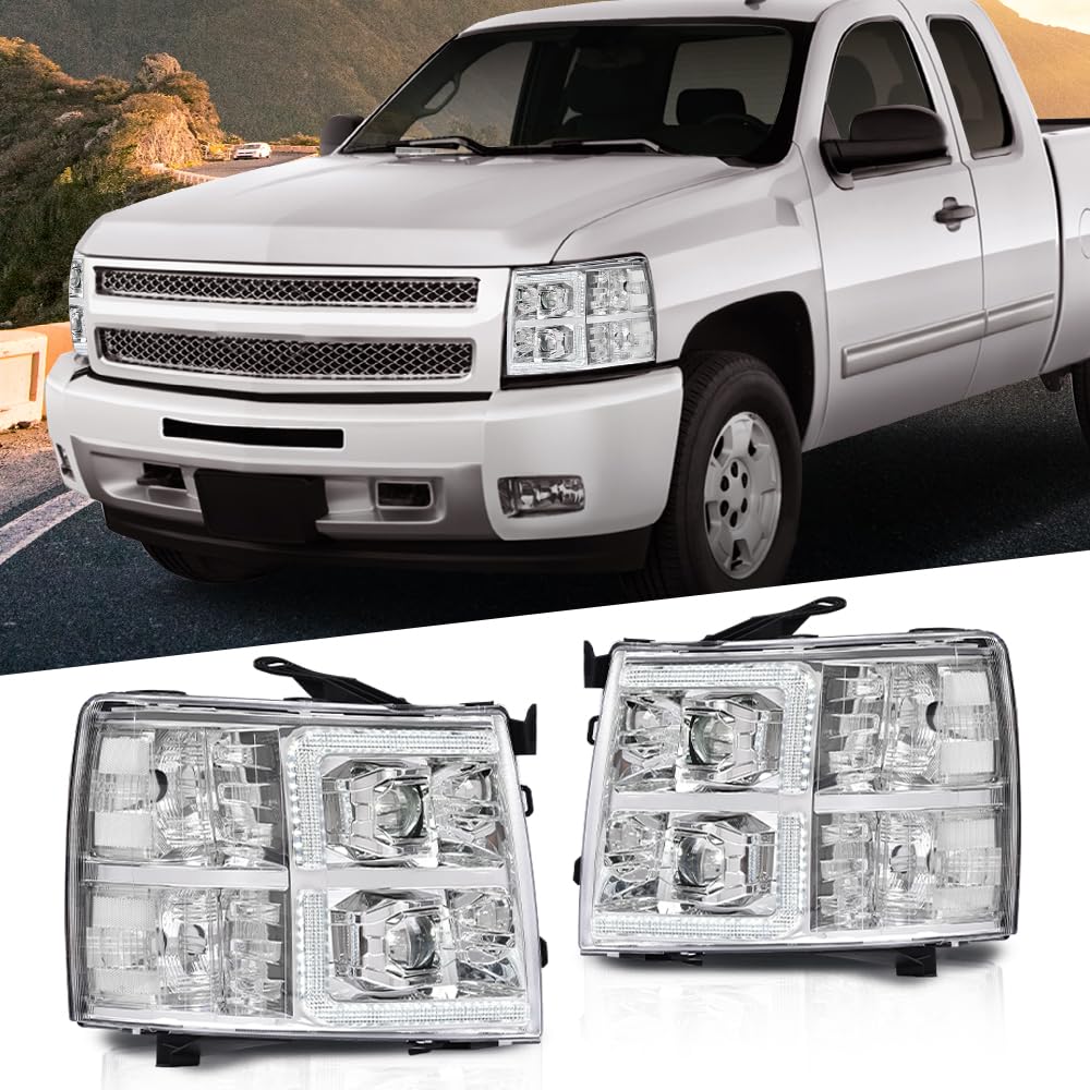 G-PLUS LED Tube Dual Projector Headlights Assembly,Fit Chevy Silverado 1500 2007-2013/Fit Silverado 2500 3500 & HD 2007-2014,Clear Lens Chrome Housing Clear Reflector,faros delanteros