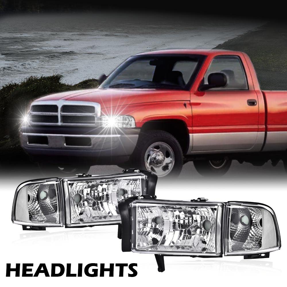 G-PLUS Headlights Fit Dodge Ram 1500 1994-2001/Fit Dodge Ram 2500 3500 1994-2002 Clear Lens Chrome Housing Clear Reflector Bumper Headlamps w/o Bulbs,faros delanteros Assembly