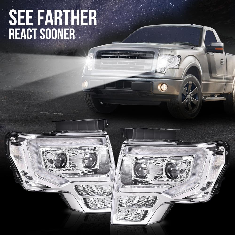 G-PLUS Headlights LED DRL Compatible with Ford F150 2009-2014 Headlamps Pair Left & Right Tube Dual Projector Clear Lens Chrome Housing Clear Reflector,faros delanteros