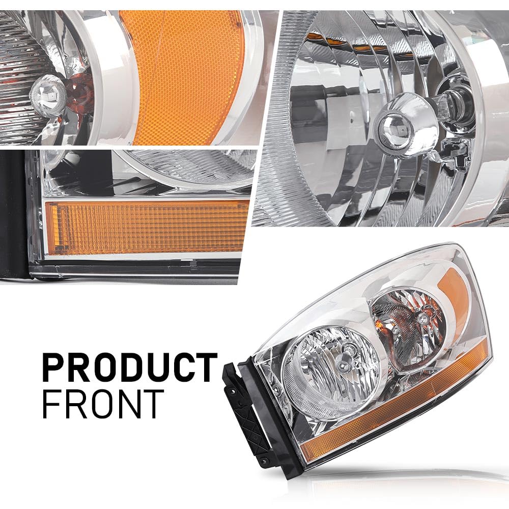 G-PLUS Headlights Assembly w/Bulbs Light Bar Left Driver Side Compatible with Dodge Ram 1500 2006-2008/Fit Dodge Ram 2500 3500 2006-2009 Clear Lens Chrome Housing Amber Reflector 55077795AB CH2518114
