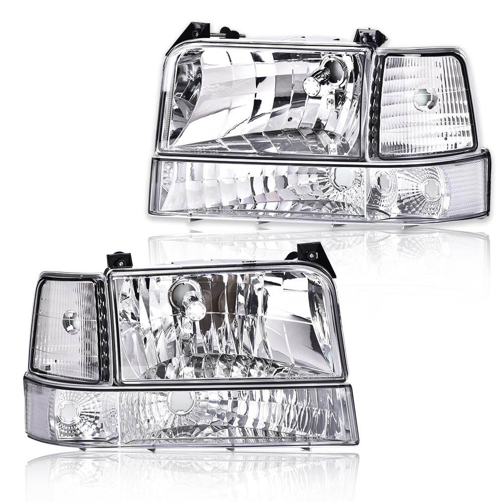 G-PLUS Headlights Fit 1992-1996 Bronco/1992-1996 Ford F150 F250 F350 Super Duty,97 9th Old Body Style Headlamps w/Corner Signal Clear Lens Chrome Housing Clear Reflector,faros delanteros