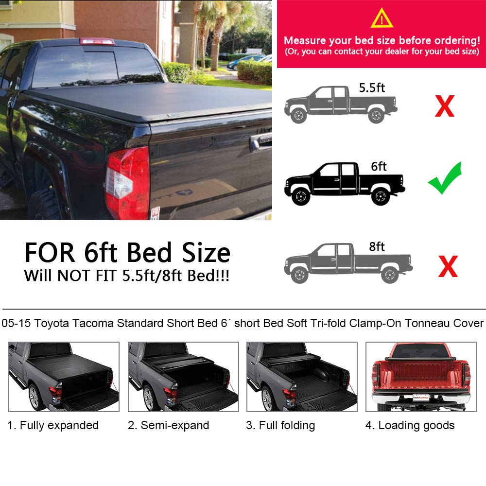G-PLUS T3 Tri-Fold Soft Truck Tonneau Cover Replacement for 2005-2015 Toyota Tacoma Pickup | Double Cab 6Ft Short Bed | for Only Fleetside/Styleside Bed Models