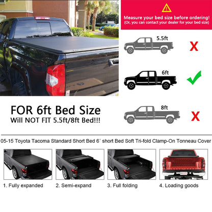 G-PLUS T3 Tri-Fold Soft Truck Tonneau Cover Replacement for 2005-2015 Toyota Tacoma Pickup | Double Cab 6Ft Short Bed | for Only Fleetside/Styleside Bed Models