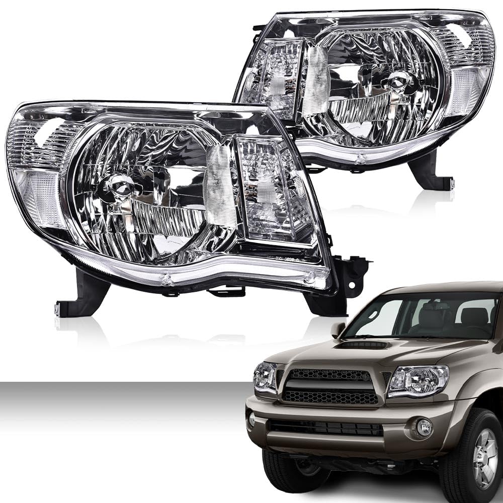 G-PLUS Headlights Assembly, Compatible with Toyota Tacoma 2005 2006 2007 2008 2009 2010 2011,Bumper Headlamps,Clear lens Chrome Housing Amber Reflector,Left Driver & Right Passenger faros delanteros