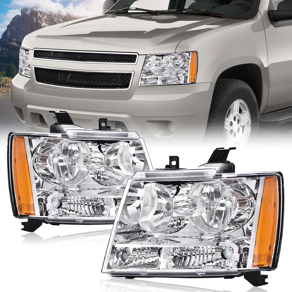 G-PLUS Headlights Assembly Compatible with Chevy Tahoe Subarban Avalanche 2007-2014 Set Pair Bumper Corner Headlamps Left & Right Clear Lens Chrome Housing Amber Reflector,faros delanteros