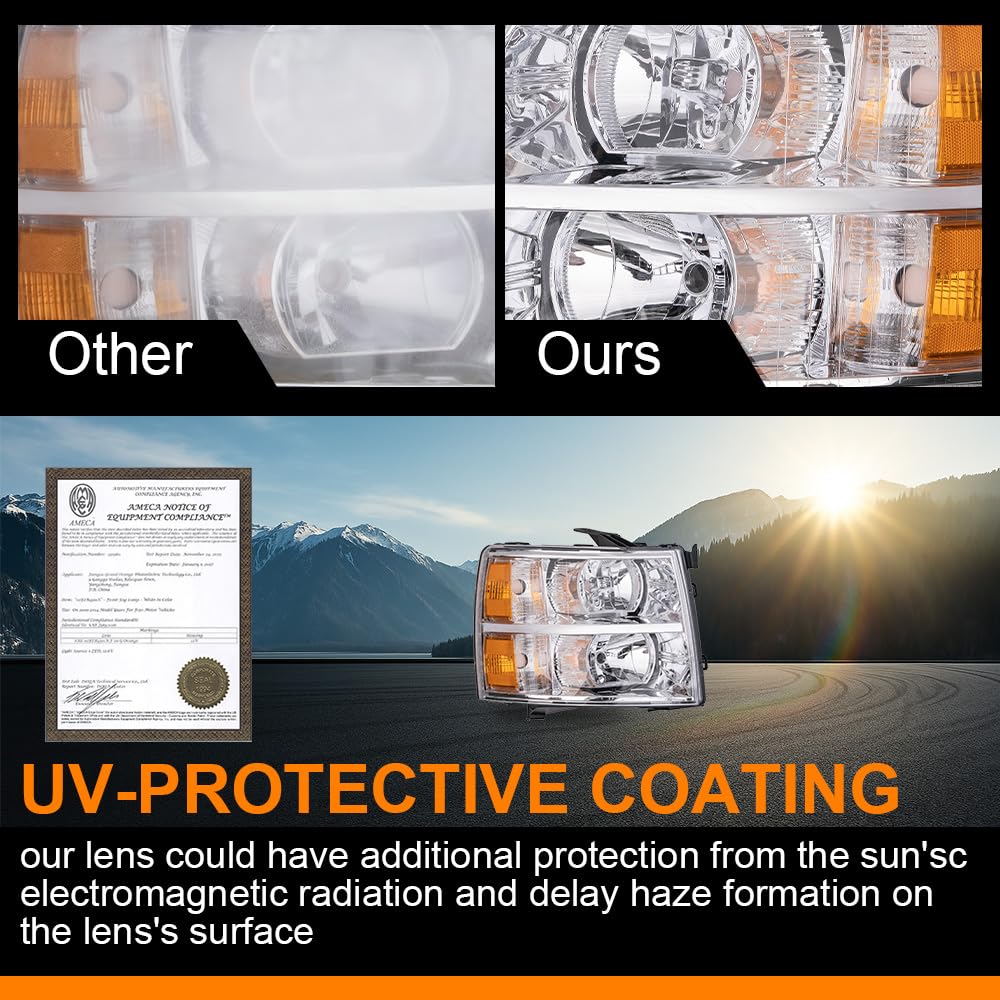 G-PLUS Headlight,Fit 2007-2013 Chevy Silverado 1500/Fit 2007-2014 Chevy Silverado 2500 3500 & HD,Right Side Headlamp Clear Lens Chrome Housing Amber ReflectorBumper Headlamps,faros delanteros